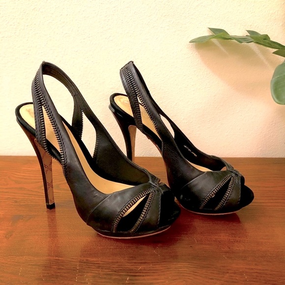 L.A.M.B. Black Zipper Slingback Open Toe Heels - Picture 4 of 13